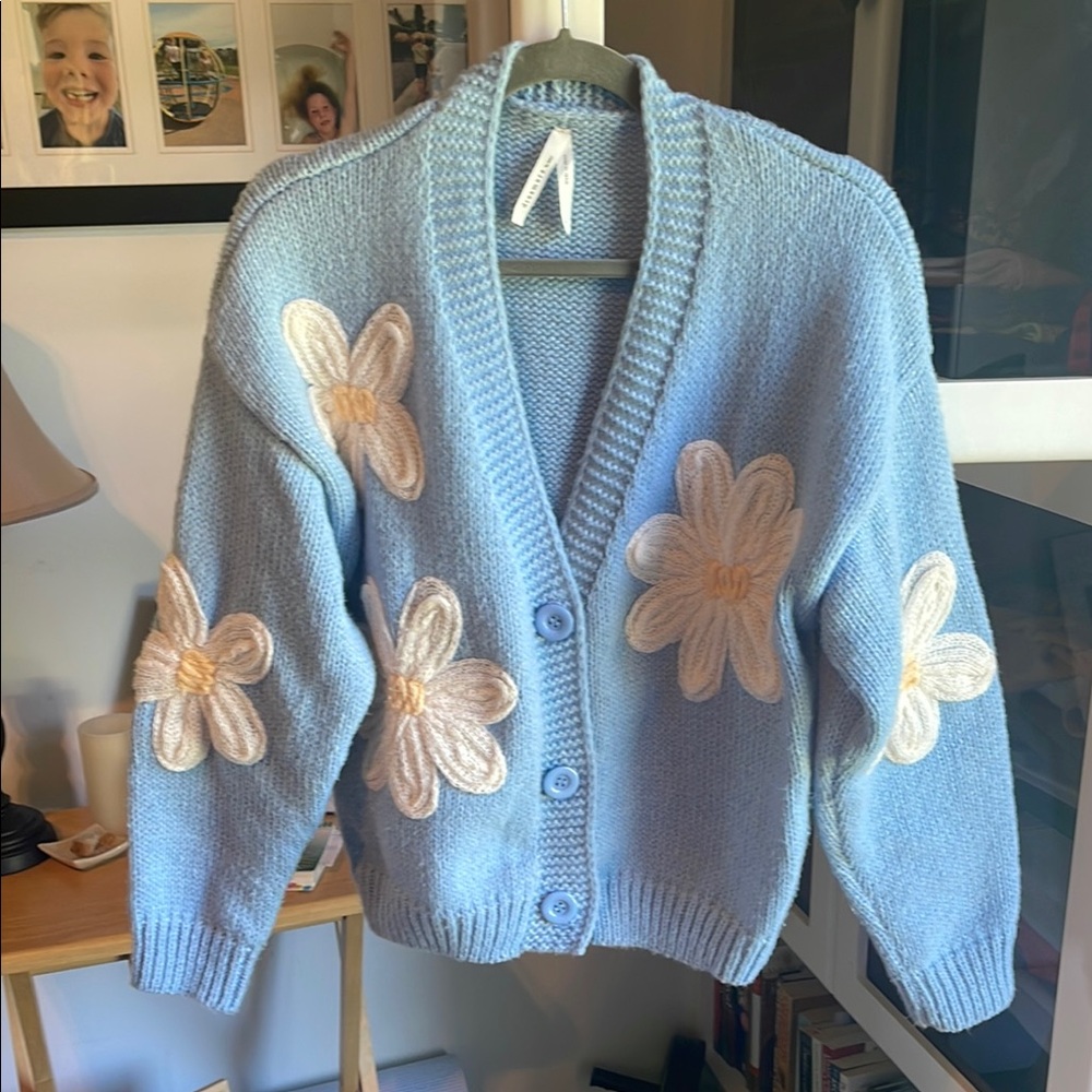Dreamers Blue and White Cardigan with Vintage Floral Appliqué